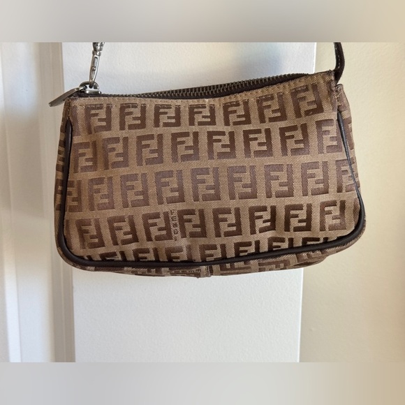 FENDI Hand Bag Tote FF Zucchino Pouch Purse Canvas Leather Brown Authentic - Picture 9 of 17